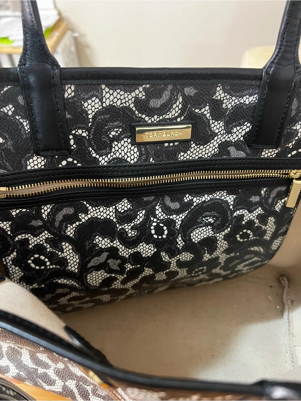 Tory Burch Black and White Lace-Print Tote with Wristlet